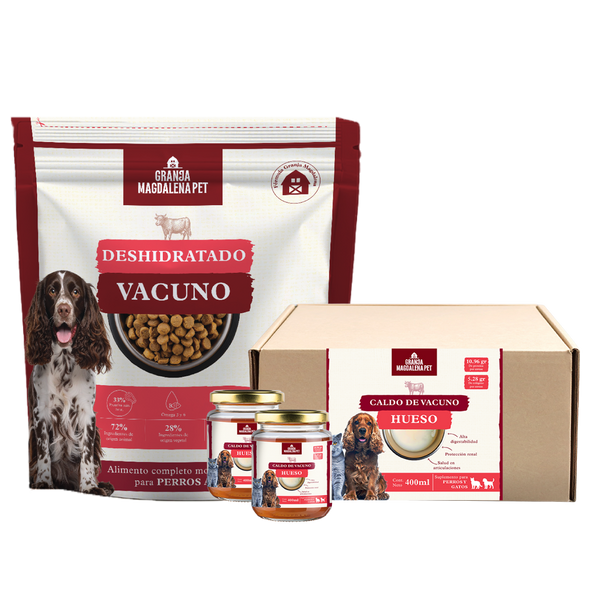 Kit rehidratación nutritiva, Alimento Monoproteico de Vacuno Deshidratado (6 kg) + Pack Caldo de Hueso de Vacuno (6 un)